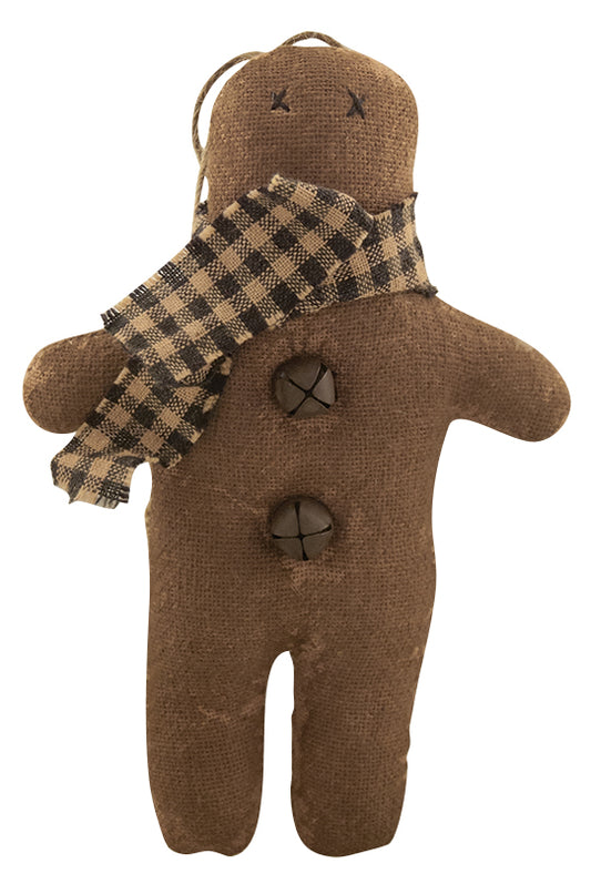 Primitive gingerbread with scarf ornament wearing checked scarf and rusty bells on front