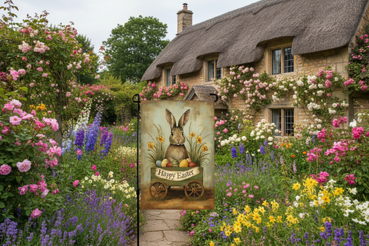 Floral garden with a thatched-roof cottage and Easter-themed sign.