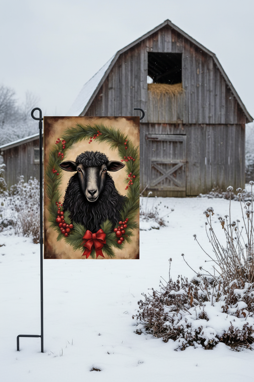 A vertical garden flag featuring a black sheep in a green and red holiday wreath, displayed on a black metal stand in a snowy outdoor yard with a rustic barn in the background.