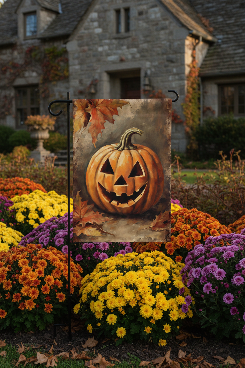 Decorative garden flag with a jack-o'-lantern design in front of a house with autumn foliage.