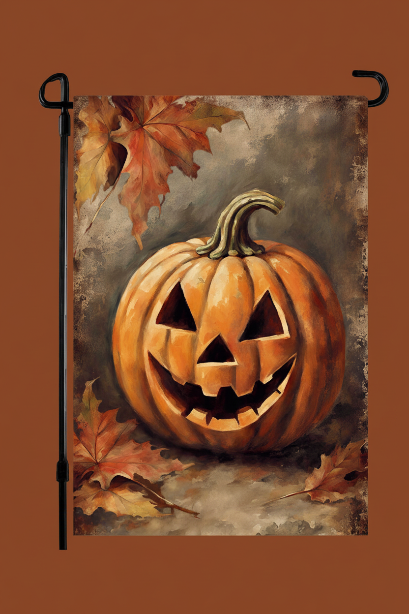 Decorative flag with a pumpkin and autumn leaves design, featuring the brand 'Homestead'.