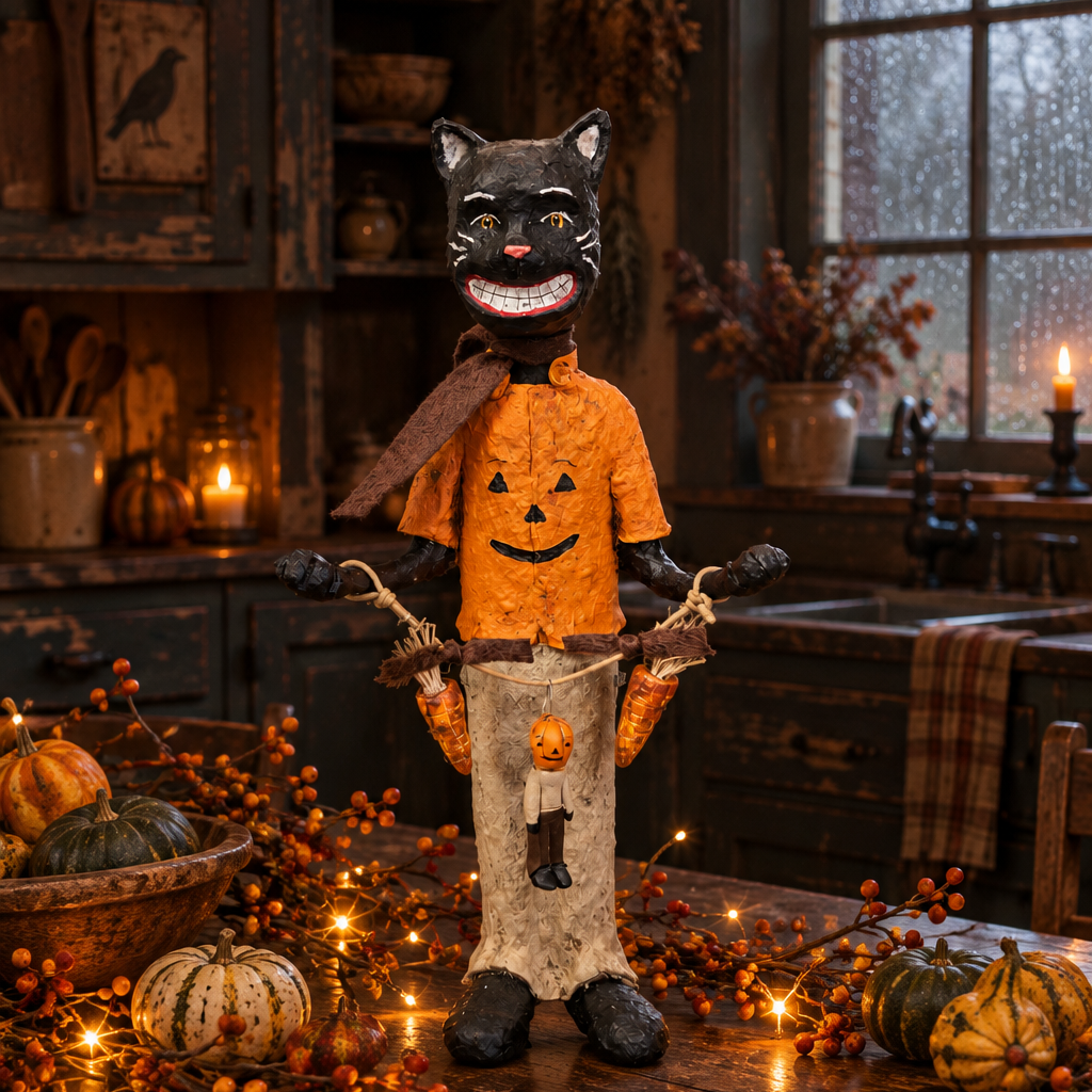 Papier mache figurine of a Cat Jester on a primitive table with gourds, bittersweet, and rice lights.