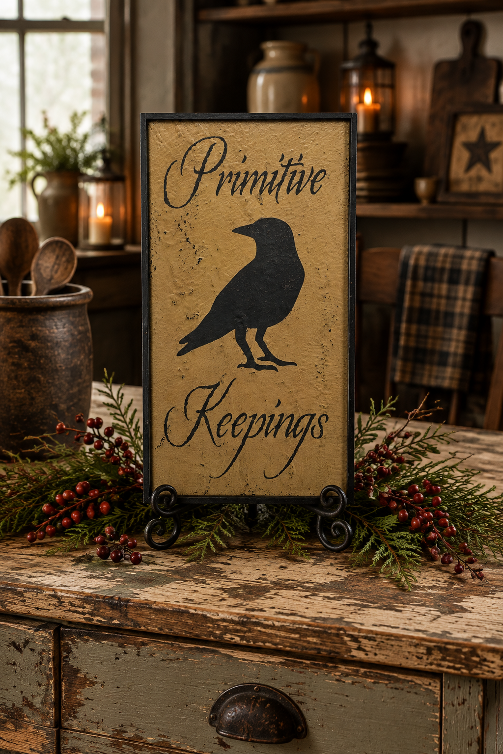 A rustic framed sign reading 'Primitive Keepings' with a black raven silhouette, displayed on a distressed wooden table in a cozy, decorated room with candles and holiday greenery.