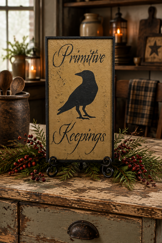 A rustic framed sign reading 'Primitive Keepings' with a black raven silhouette, displayed on a distressed wooden table in a cozy, decorated room with candles and holiday greenery.