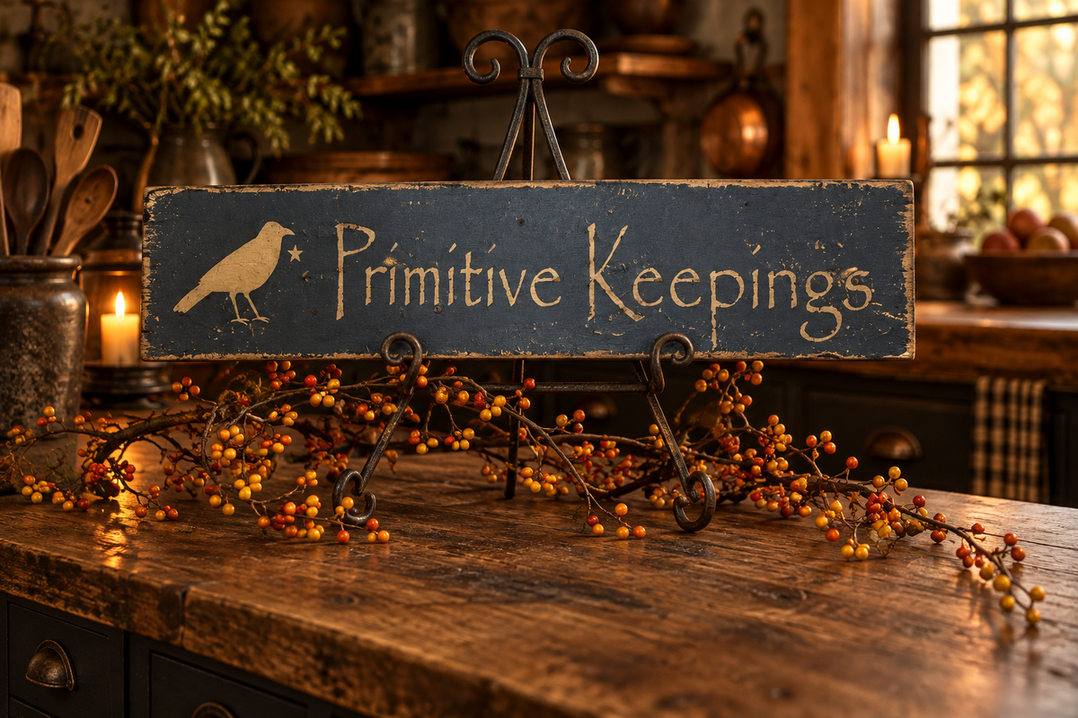 A rustic dark blue wooden sign with a bird silhouette and the words 'Primitive Keepings' in distressed cream lettering, displayed on a black metal stand on a wooden table with berry garlands in a warm, cozy interior setting.