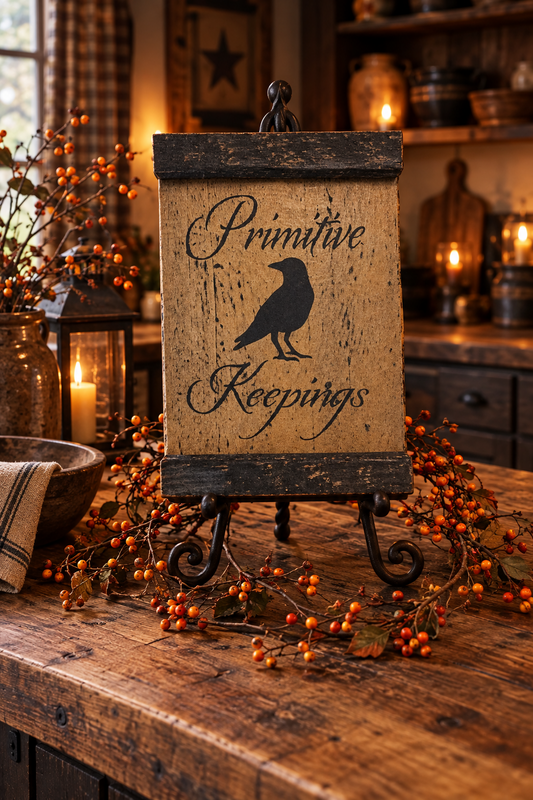 A rustic wooden sign with a black raven silhouette and the words 'Primitive Keepings' stands on a black metal easel in a warmly lit, fall-themed kitchen or shop setting with candles, lanterns, and berry garlands.