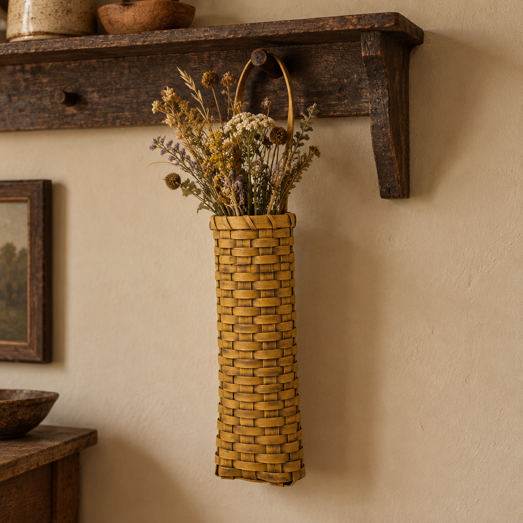 Mustard basket with dried flowers hanging from a rustic shelf peg.