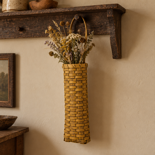 Mustard basket with dried flowers hanging from a rustic shelf peg.