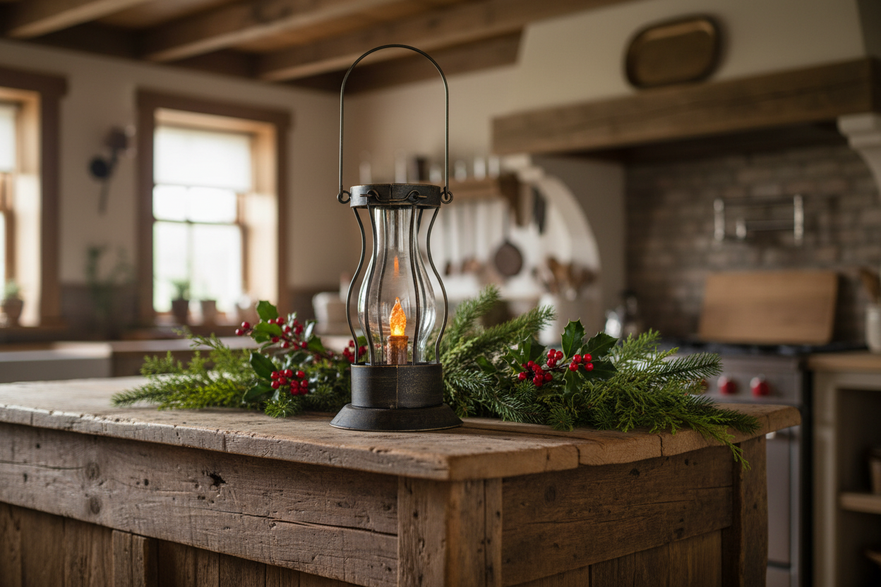 Decorative lantern with a candle on a wooden surface in a rustic kitchen.