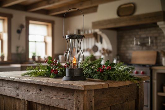 Decorative lantern with a candle on a wooden surface in a rustic kitchen.