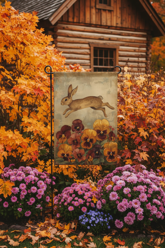 Decorative garden flag with rabbit design in front of a wooden cabin and autumn foliage.