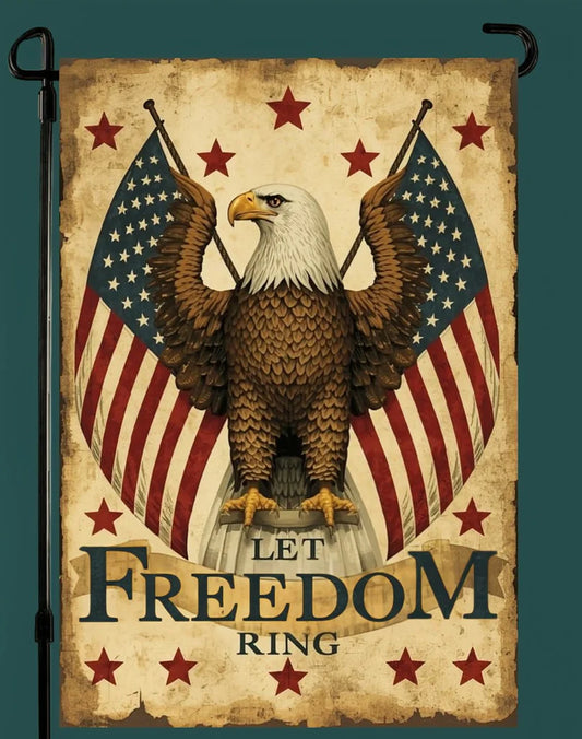 Decorative flag with an eagle and American flags, featuring the text 'Let Freedom Ring'.