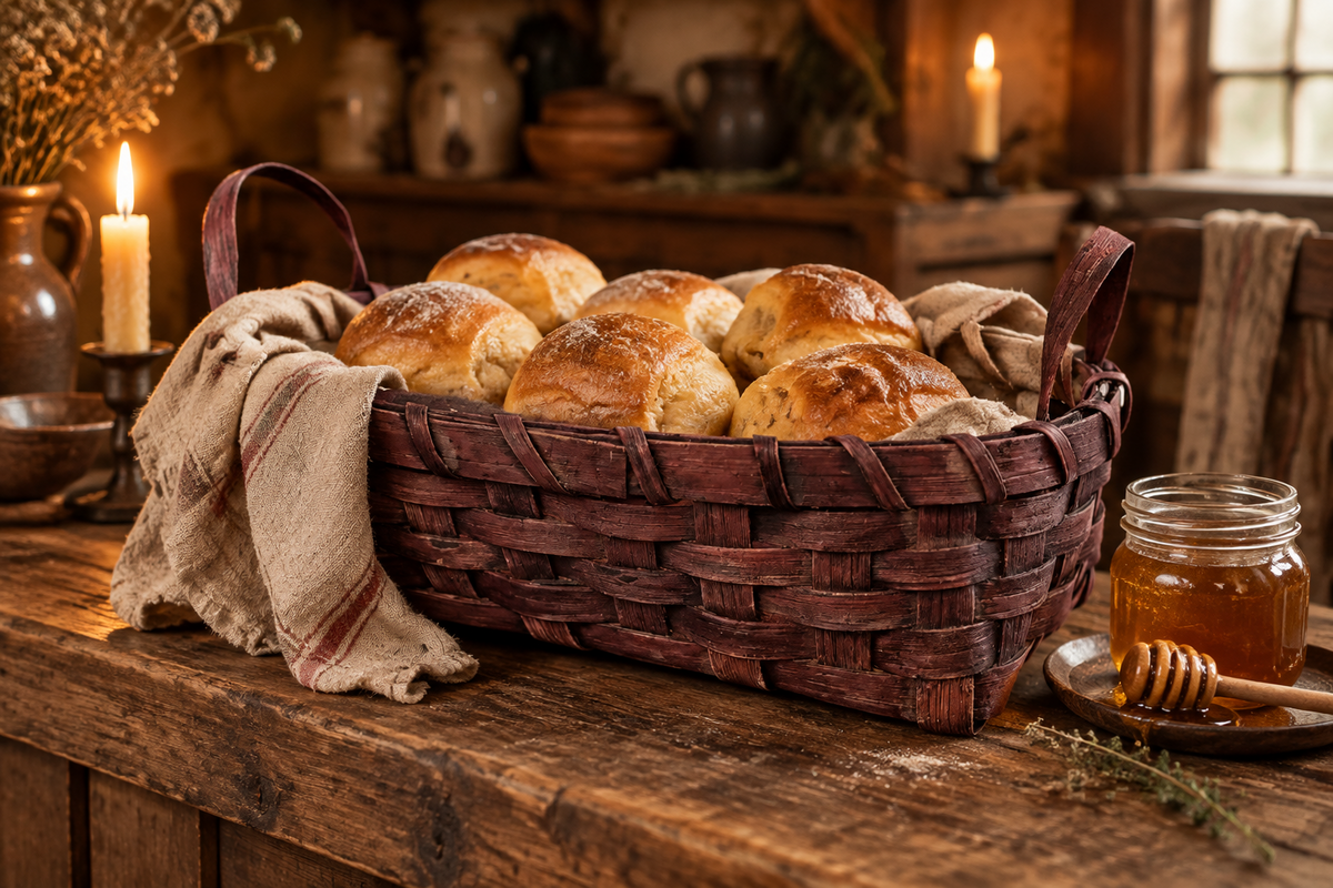 Basket with fresh rolls and honey on an antique table.