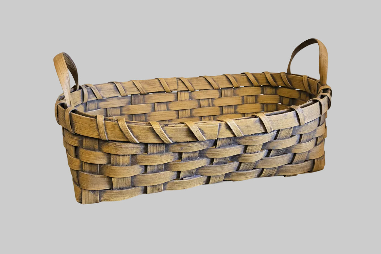 Woven basket sitting on a wooden surface