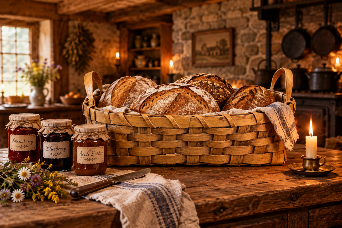 Basket with fresh bread and assorted jams in a primitive kichen.