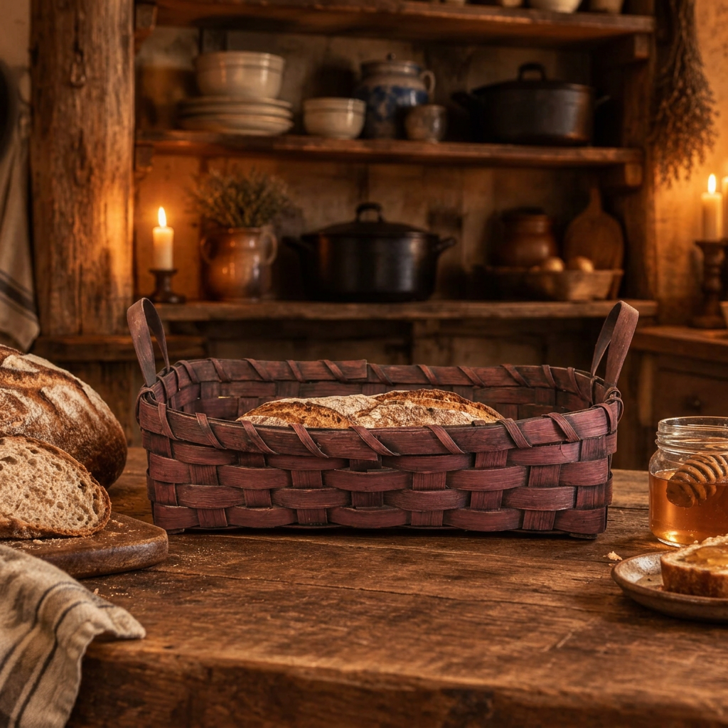 A rustic woven basket with dark reddish-brown handles sits on a wooden table in a warmly lit farmhouse kitchen setting, surrounded by bread, a jar of honey, and candles.