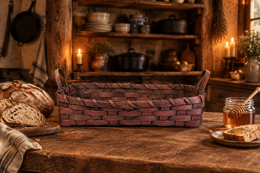 A rustic woven basket with dark reddish-brown handles sits on a wooden table in a warmly lit farmhouse kitchen setting, surrounded by bread, a jar of honey, and candles.