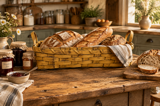 A woven yellow-brown basket filled with rustic artisan bread loaves and a striped cloth napkin, set on a wooden kitchen island with jars of preserves and sliced bread nearby.