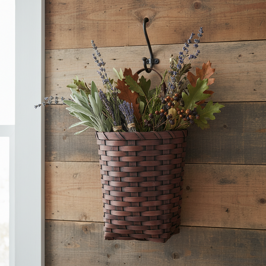 Woven wall basket with plants against a wooden wall