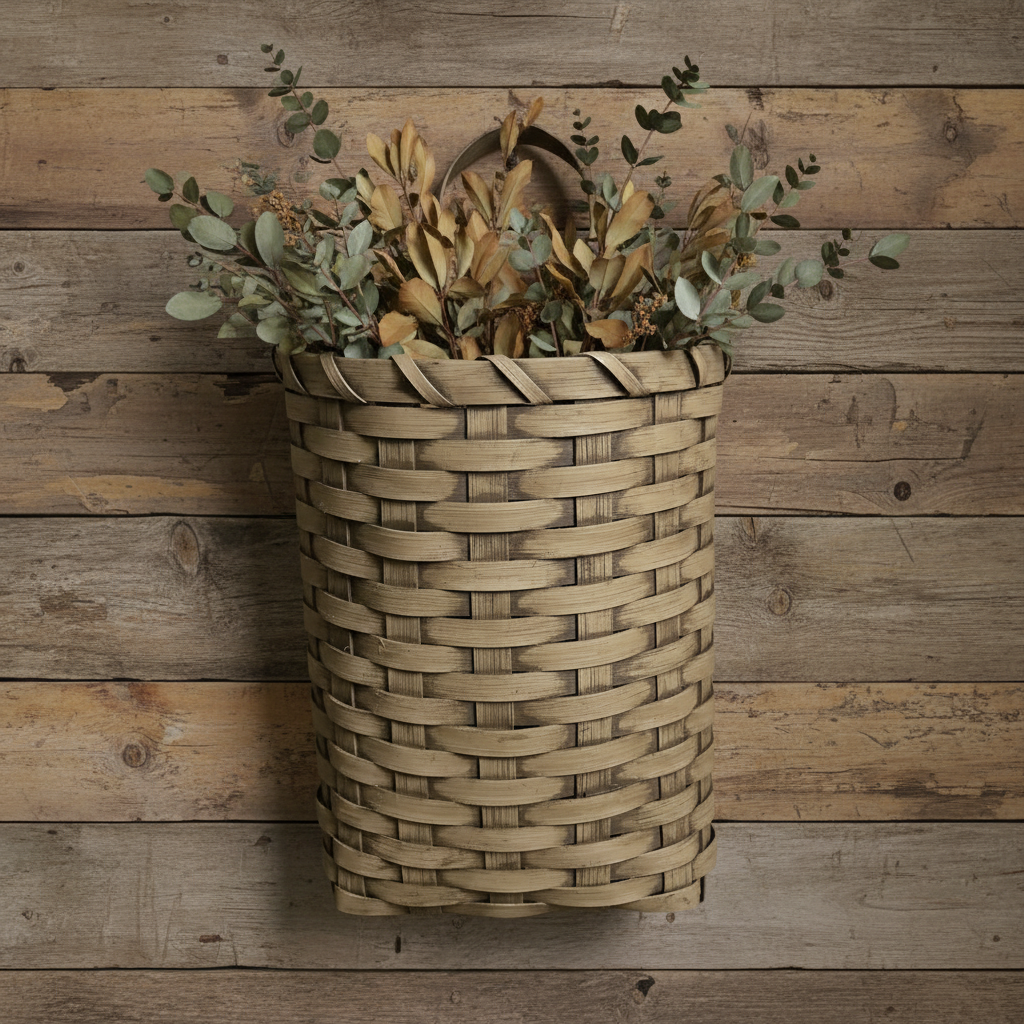 Woven wall basket with plants against a wooden background