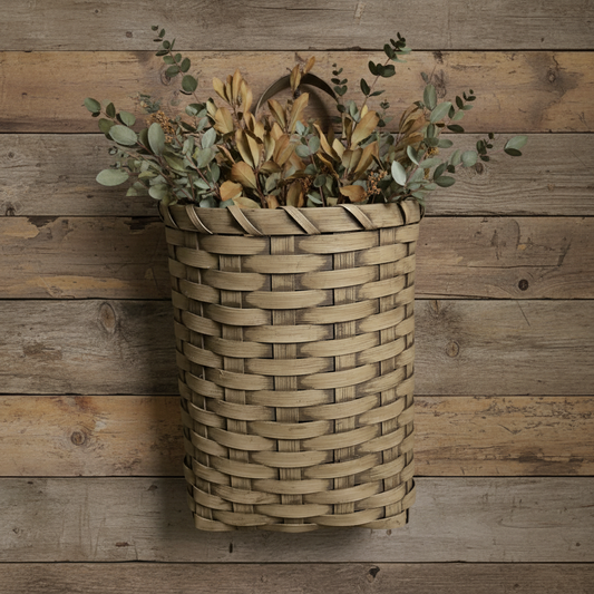 Woven wall basket with plants against a wooden background