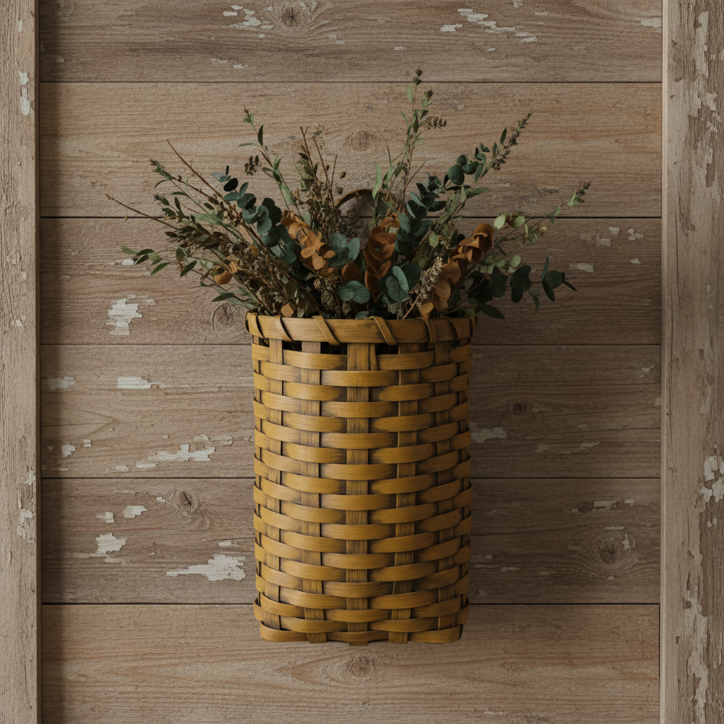 Woven basket with plants against a wooden wall