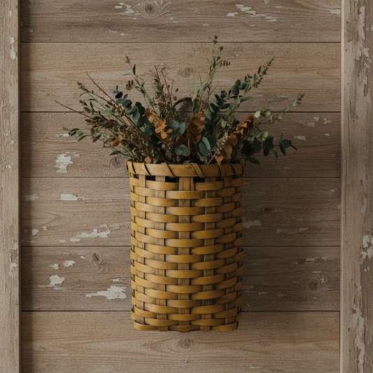 Woven basket with plants against a wooden wall