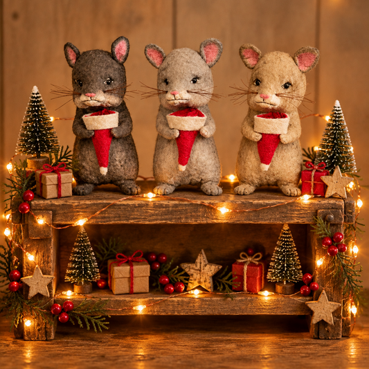 Papier mache figurines of three mice of various colors holding a stocking cap on a shelf with rice lights and minitures.