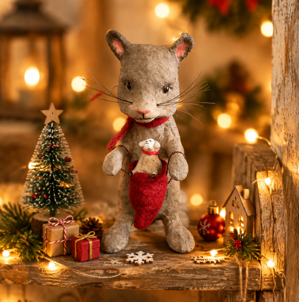 Papier mache mouse with a sack holding a miniature sheep on a festive Christmas display.