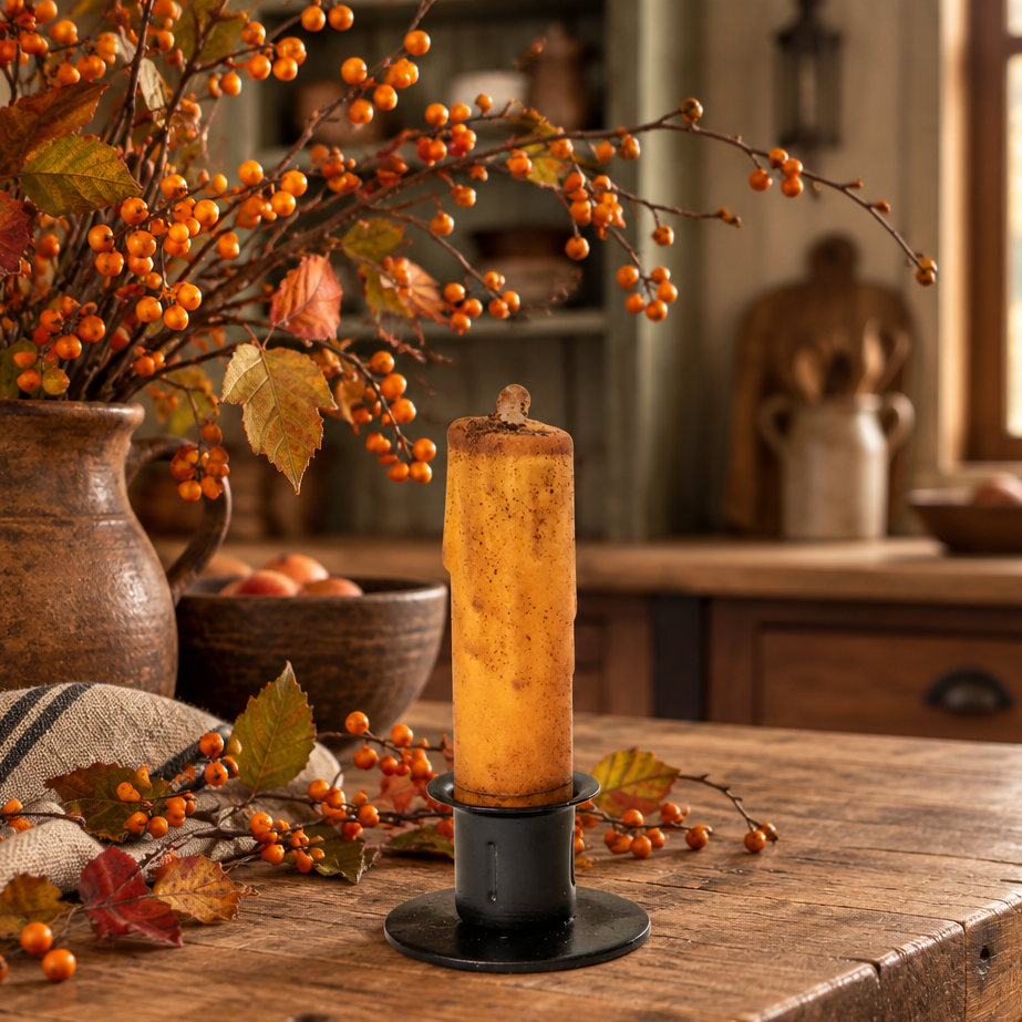Mustard color battery operated candle on an antique table with bittersweet.