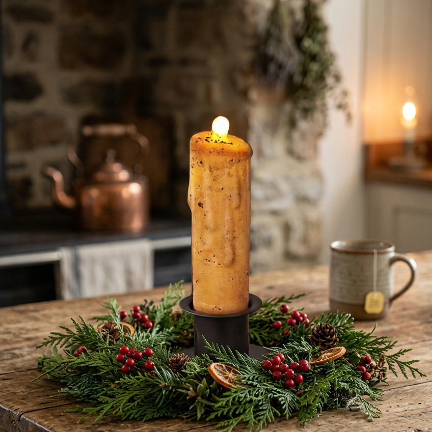 Nub candle in wrought iron holder with candle ring on an antique table in a cozy kitchen setting.