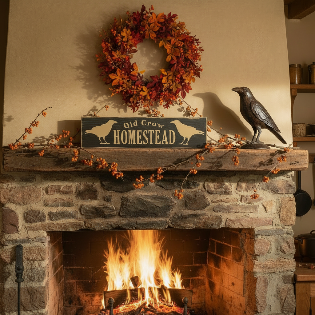 Fireplace with stone surround, lit fire, and decorative items including a wreath and sign.