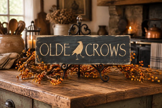 A rustic wooden sign reading “OLDE CROWS” with a bird silhouette, displayed on a black metal stand on a wooden table in a cozy, warmly lit kitchen setting.