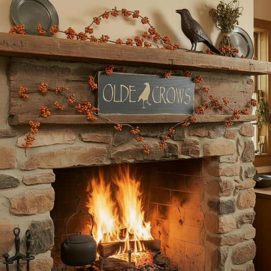 Stone fireplace with a lit fire, decorative sign, and autumn decorations.