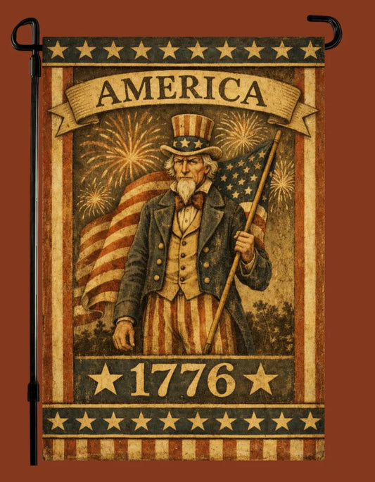 Decorative garden flag with Uncle Sam holding an American flag and fireworks, featuring the year 1776 on a brown background.