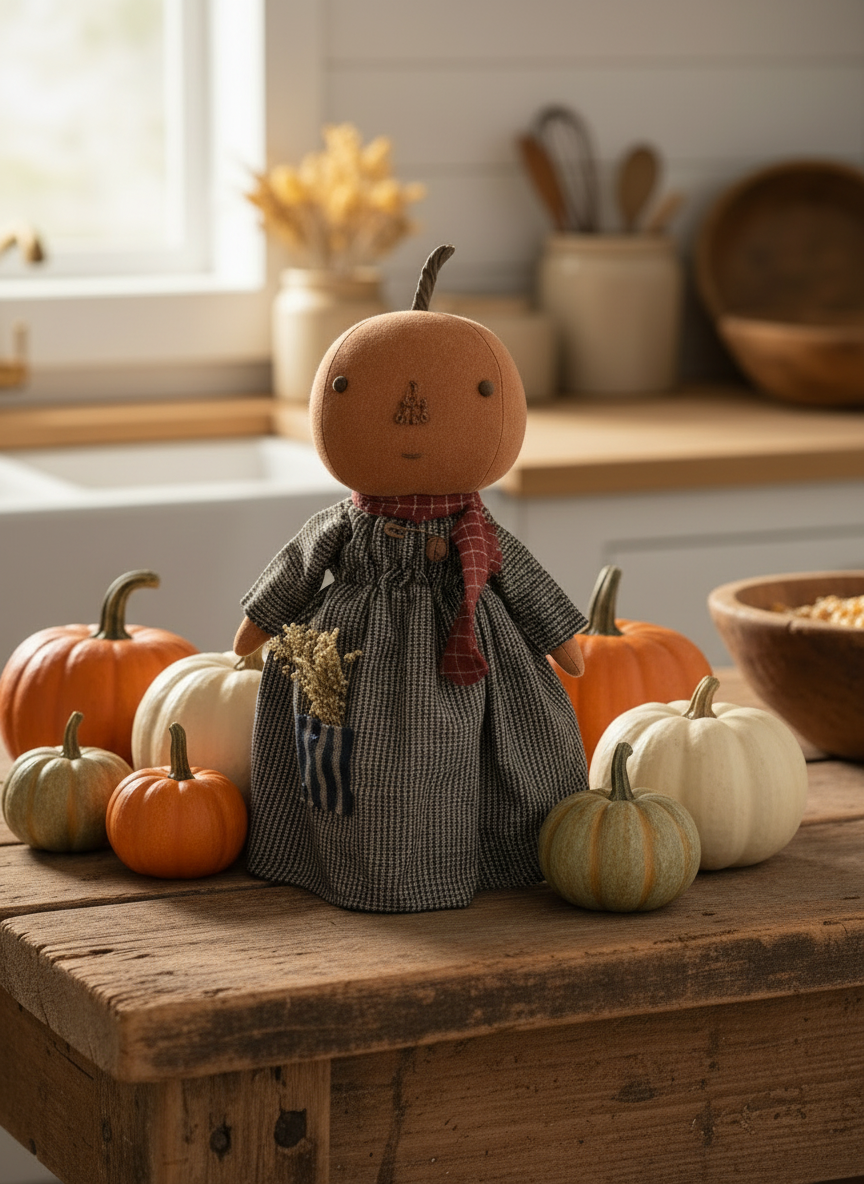 Stuffed pumpkin character in a checkered dress surrounded by pumpkins on a wooden surface.