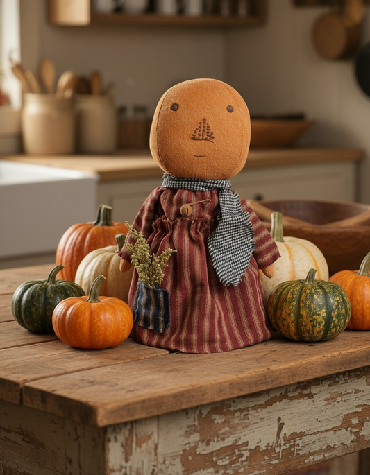 Pumpkin character in a plaid dress surrounded by pumpkins on a wooden surface in a kitchen setting.