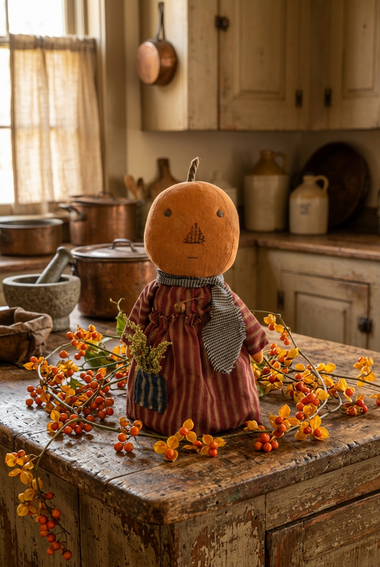 Pumpkin girl doll in primitive kitchen with fresh bittersweet