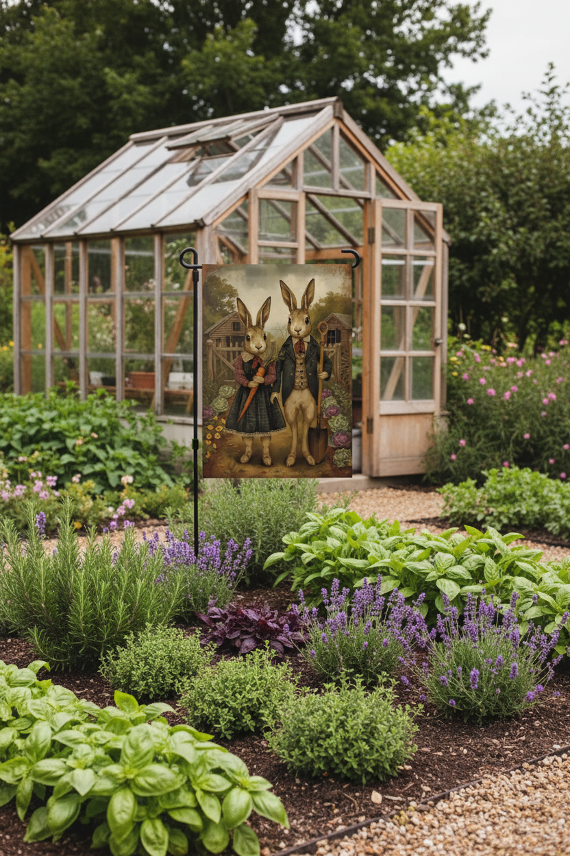 Greenhouse with a decorative flag featuring rabbits in a garden scene, surrounded by plants and flowers.