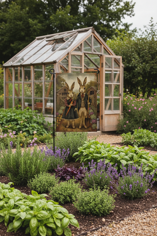 Greenhouse with a decorative flag featuring rabbits in a garden scene, surrounded by plants and flowers.