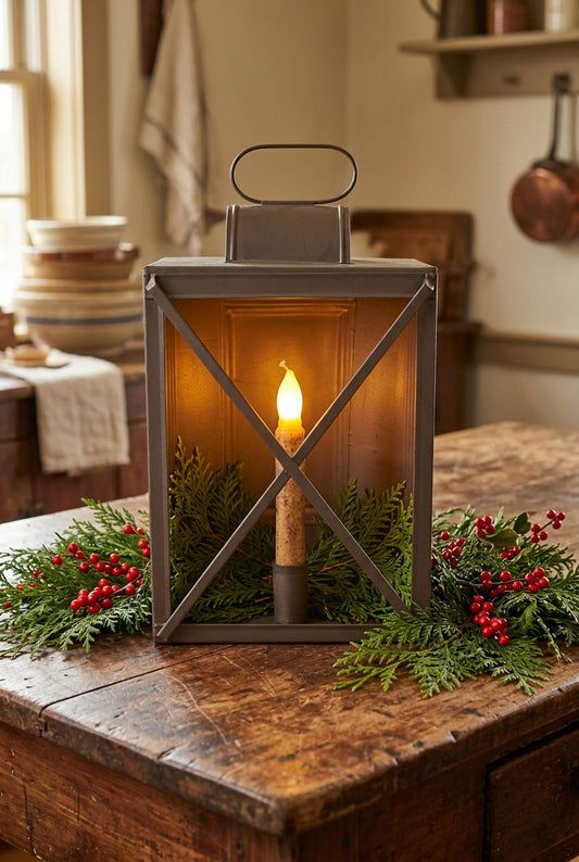 Primitive railroad lantern in kitchen setting with fresh cedar greens and berries.