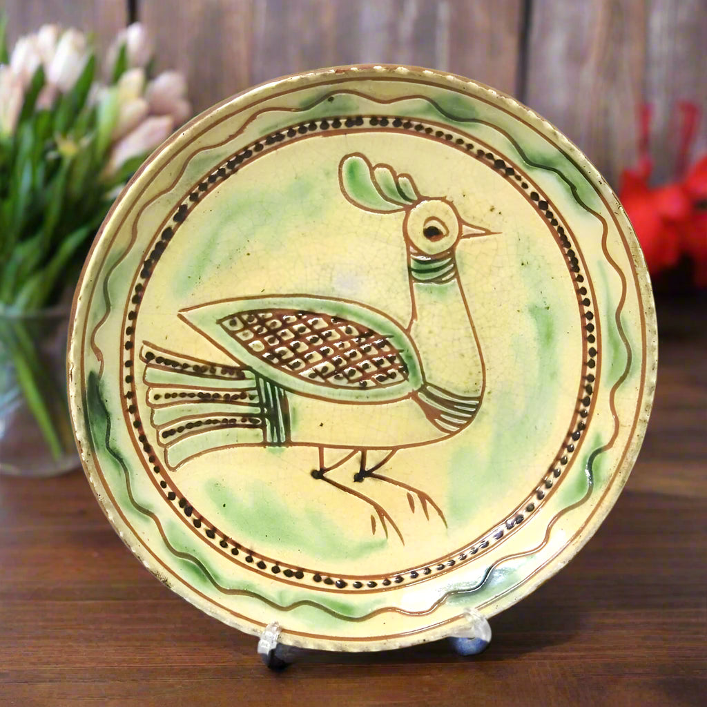 A ceramic plate with a sgraffito bird design in vibrant colors on a green background.