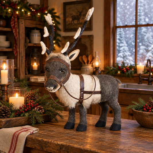 Papier mache reindeer in a primitive kitchen next to some candles on a snowy day.