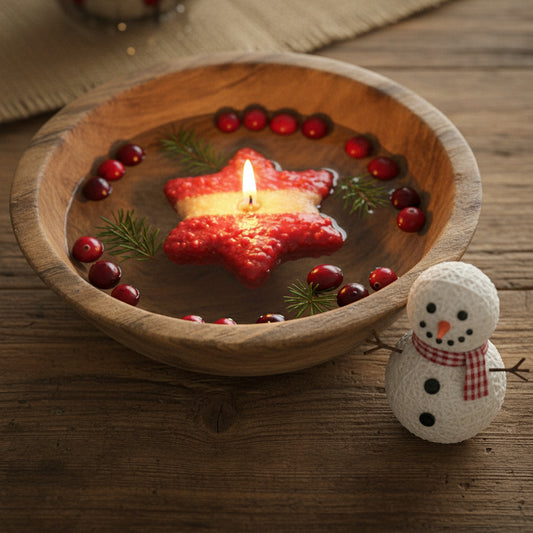 Star-shaped candle in a wooden bowl with berries, surrounded by a snowman decoration on a wooden surface.