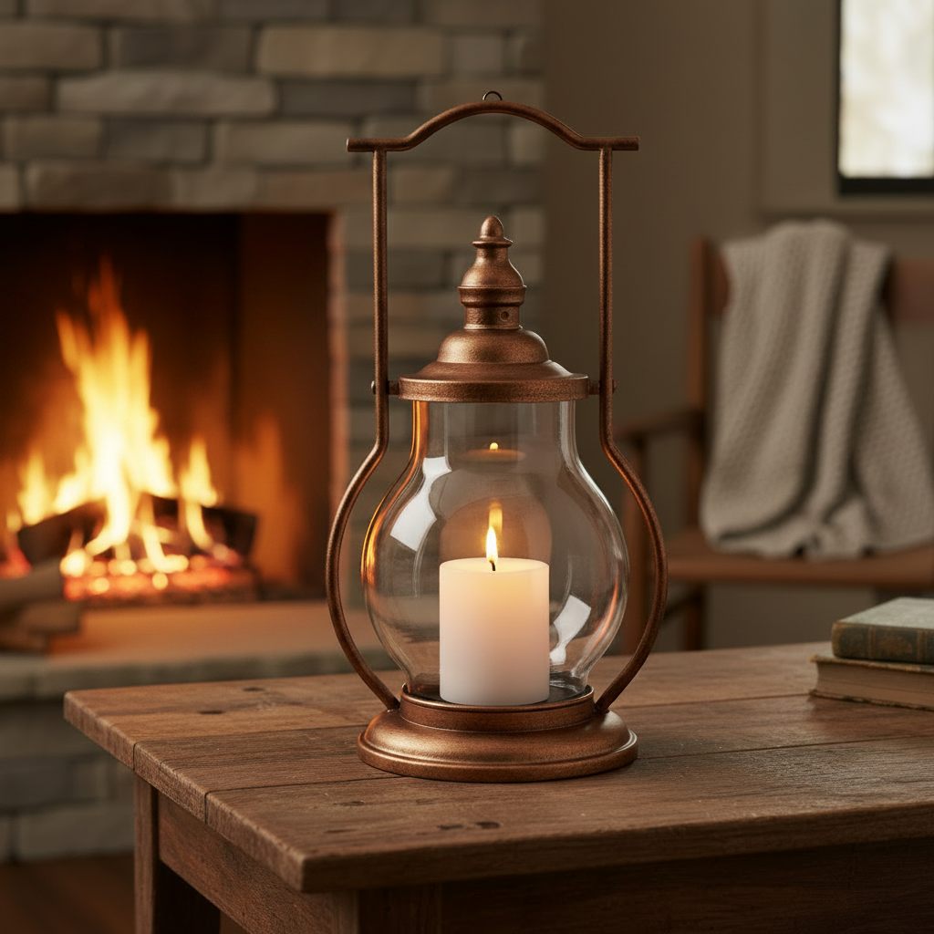 Steeple lantern on antique table with books.