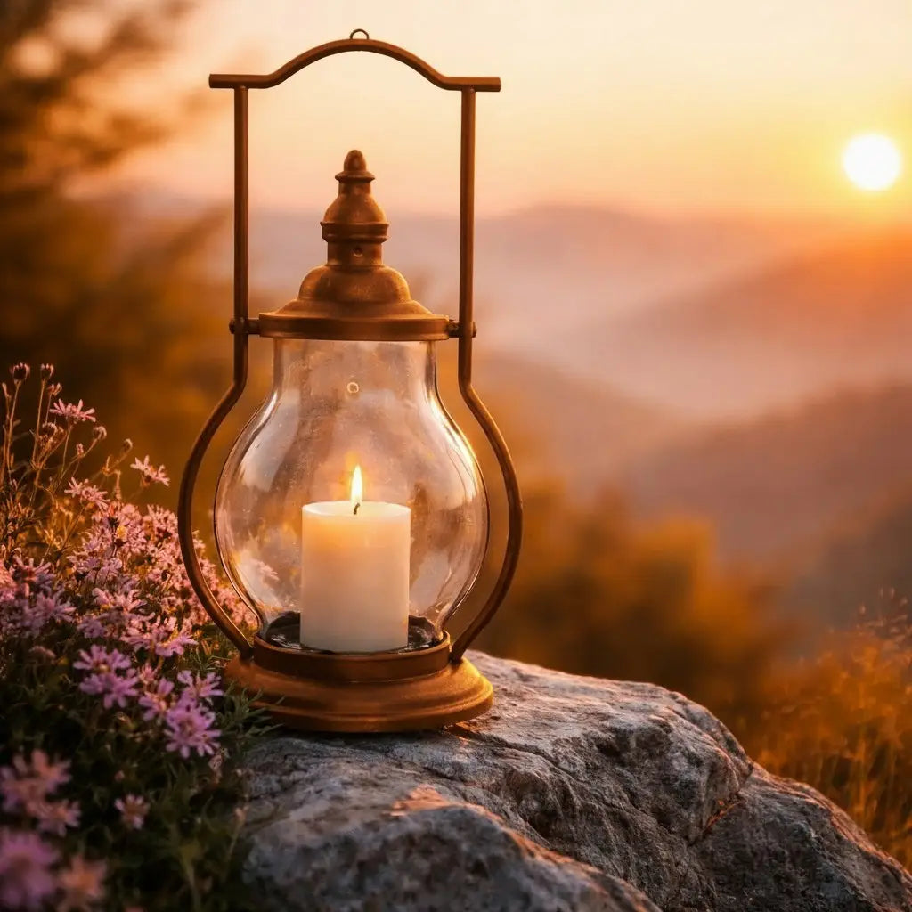 Lantern with a lit candle on a rock during sunset with mountains in the background