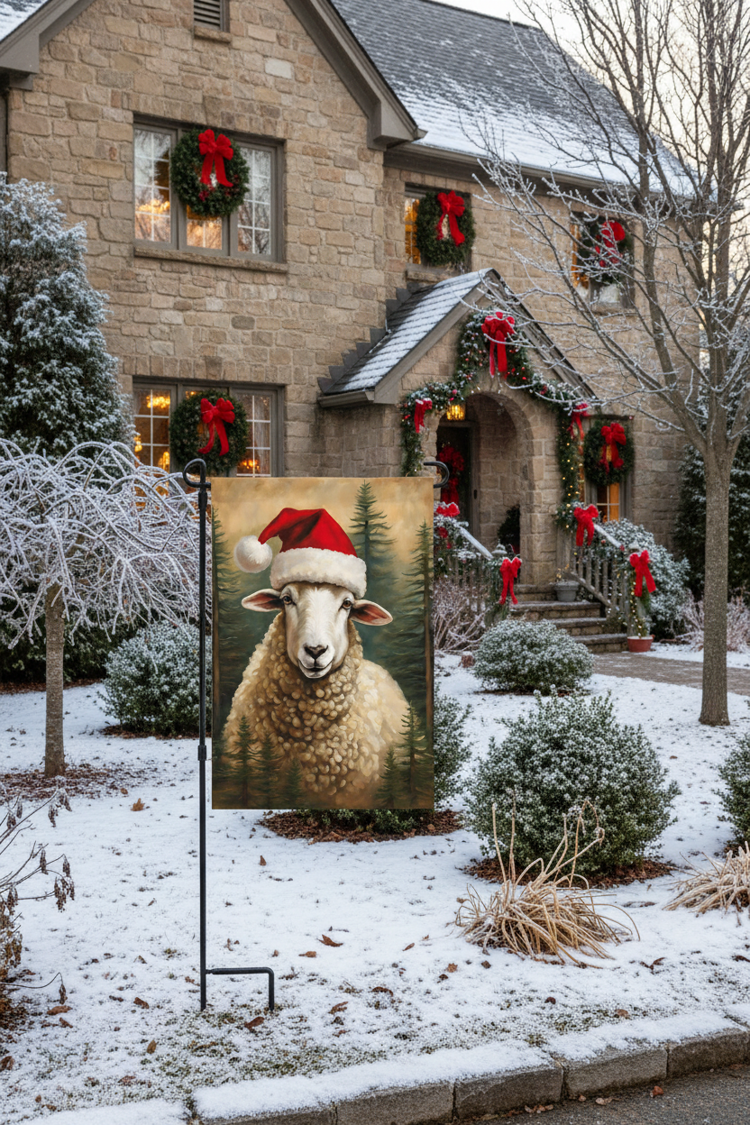 A vertical garden flag featuring a portrait of a sheep wearing a red Santa hat, displayed on a black metal stand in a snowy front yard in front of a decorated stone house.