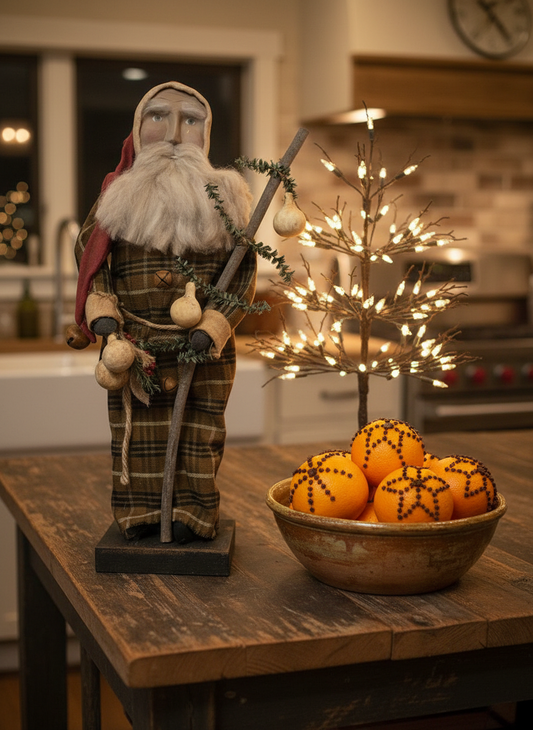 Decorative figure of a bearded man with a staff, small tree with lights, and bowl of oranges on a wooden table.