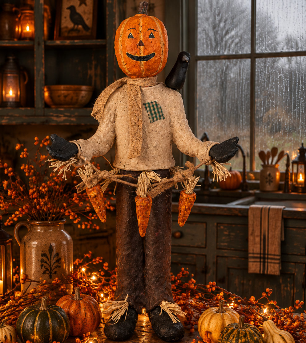 Papier mache figure with a pumpkin head and crow on his shoulder standing on a table with miniature gourds, bittersweet, and rice lights.
