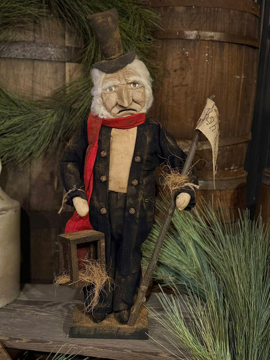 Vintage-style scrooge with a top hat and red scarf against a rustic background